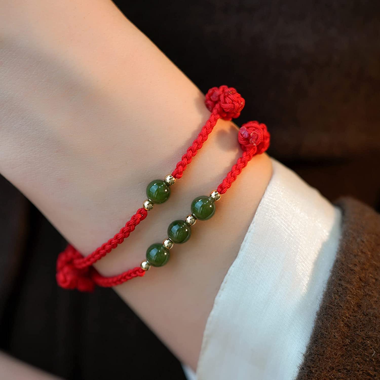 Pulsera de cuentas, pulsera de cristal, pulsera de hilo rojo, pulsera de jade hetiano natural, pulsera de riqueza for mujeres, pulsera de jade verde, pulsera roja ajustable, pulsera de jade amuleto fo