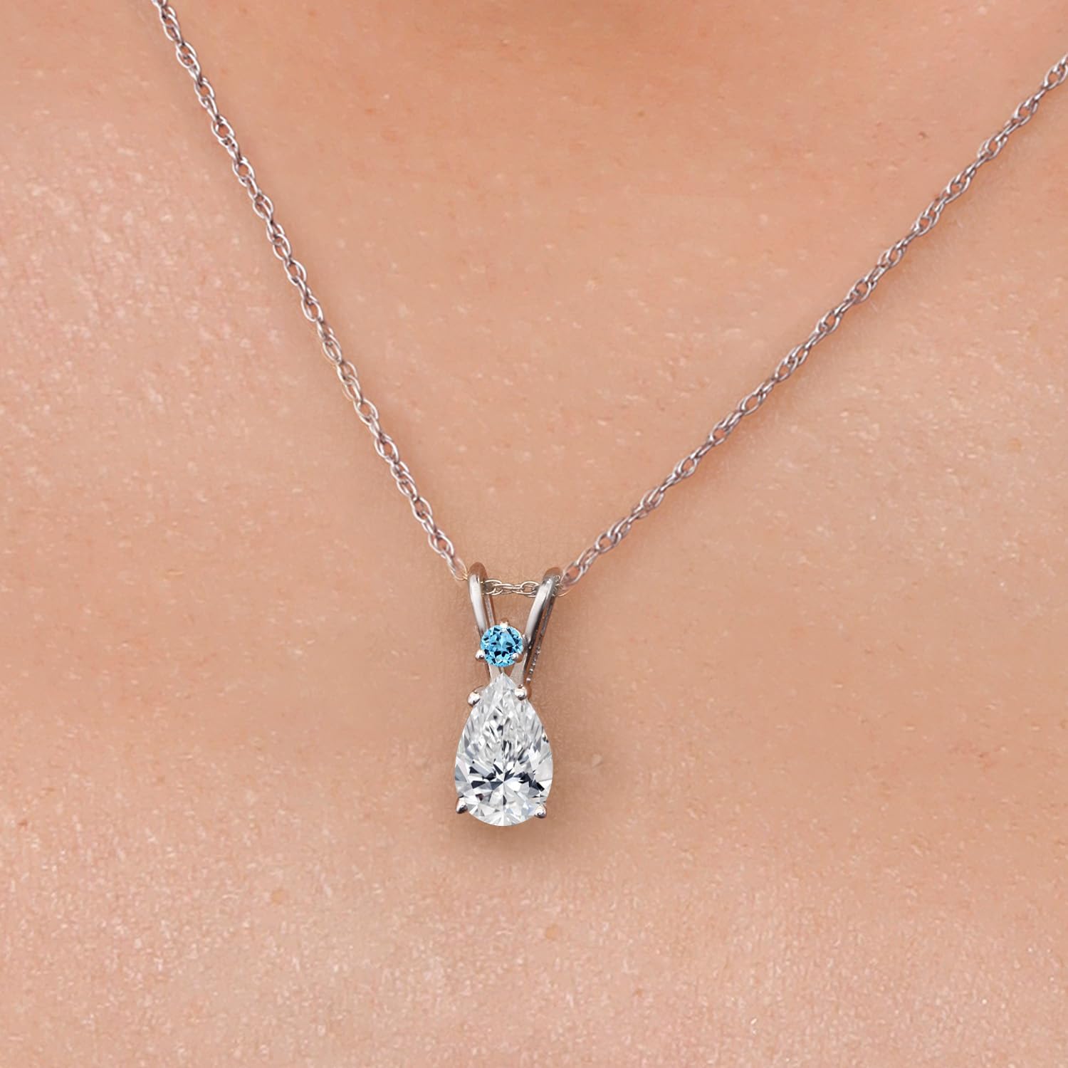 Gem Stone King 14K White Gold DEF Lab Grown Diamond and Swiss Blue Topaz Pendant Necklace for Women | 0.55 Cttw | Gemstone April Birthstone | Pear Shape 7X5MM | With 18 Inch Chain - Image 3