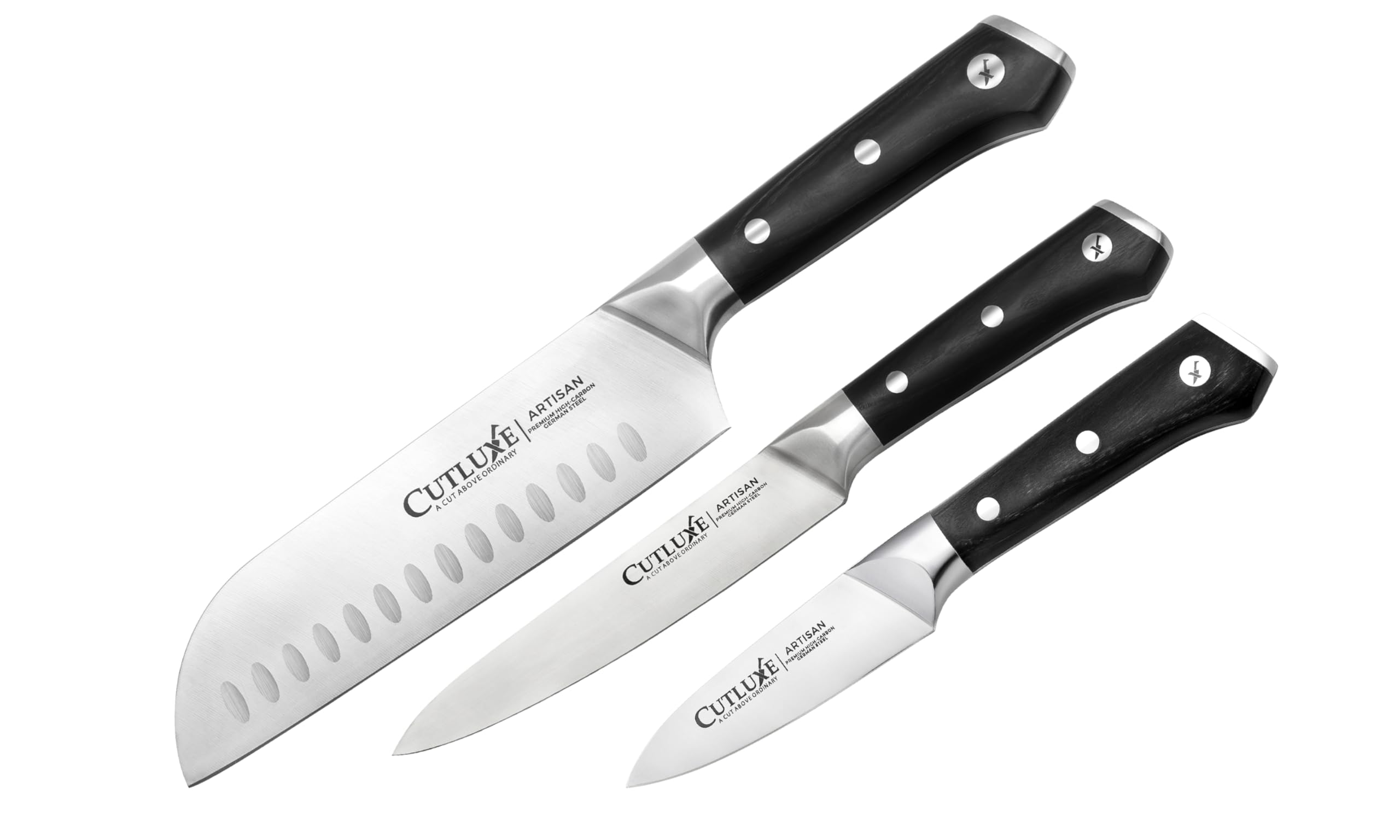 Cutluxe Santoku Knife, Utility & Paring Knife – Forged High Carbon German Steel – Full Tang & Razor Sharp – Ergonomic Handle Design – Artisan Series