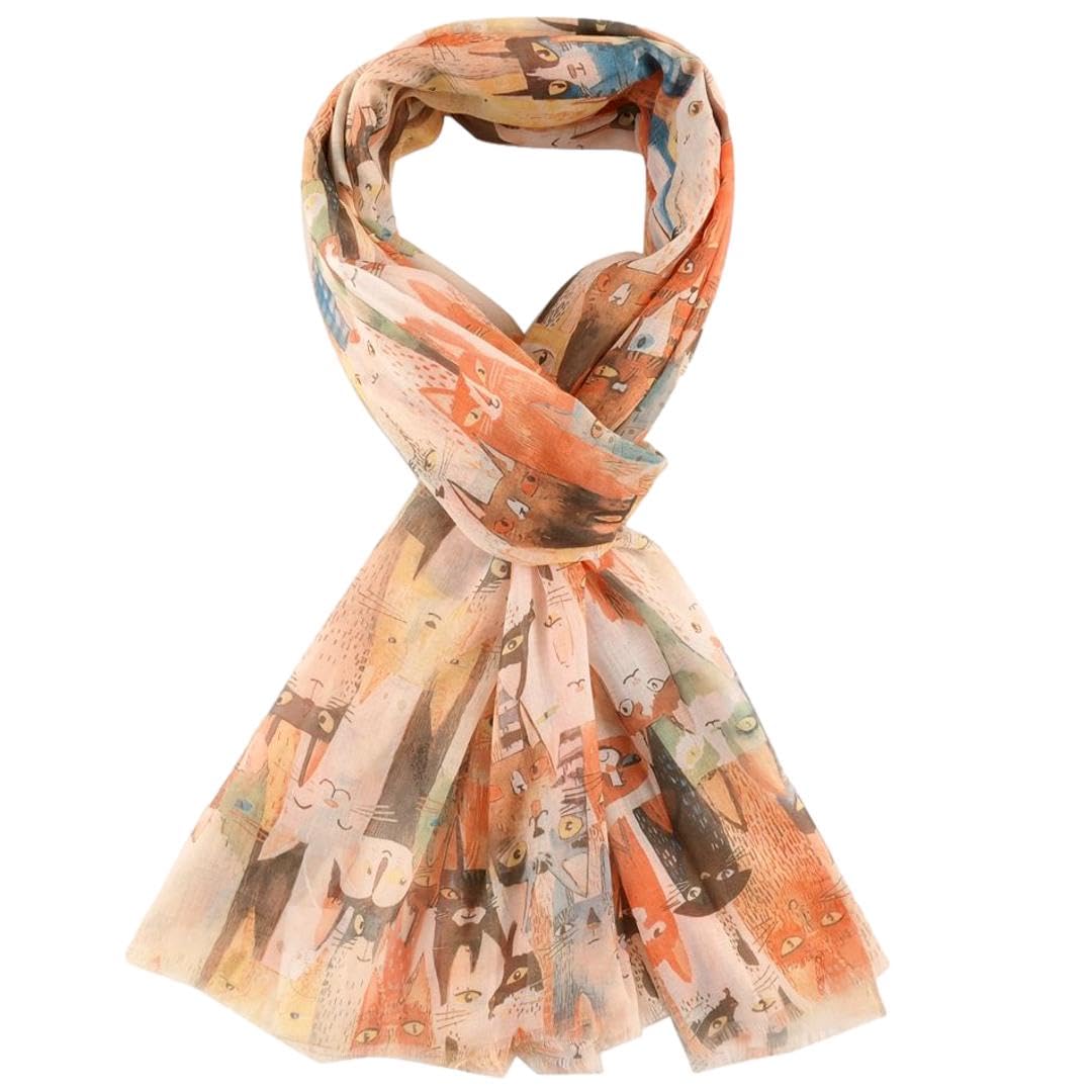 Purple Possum Women's Burnt Orange, Orange, Tangerine Purple Possum® Cat Scarf Orange Yellow Blue Cats Print Wrap Large Cute Kitty Shawl