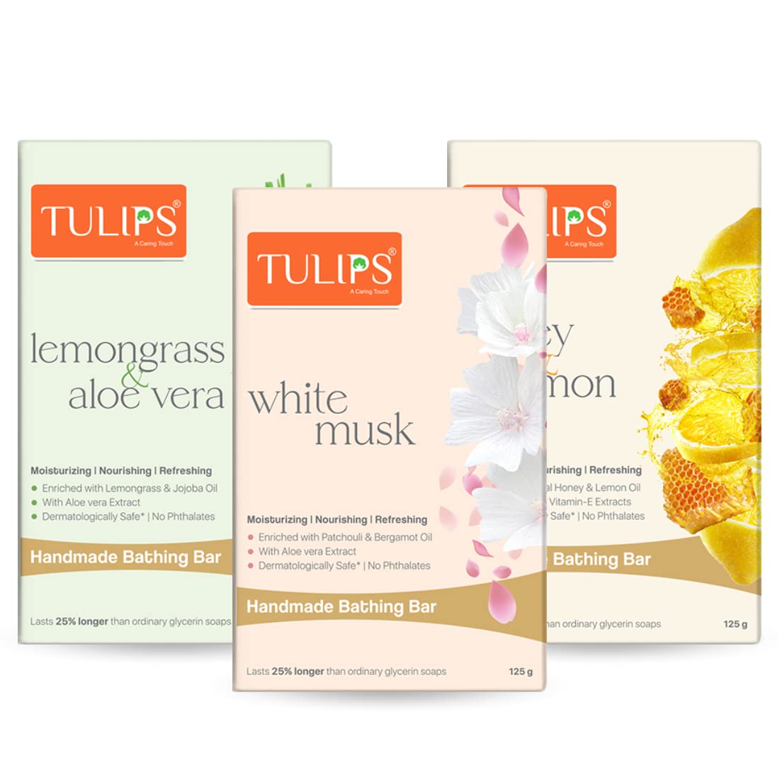TULIPS Handmade Bathing Bar Soap (Honey & Lemon, Lemongrass & Aloe Vera, White Musk, Pack of 3)-image-37