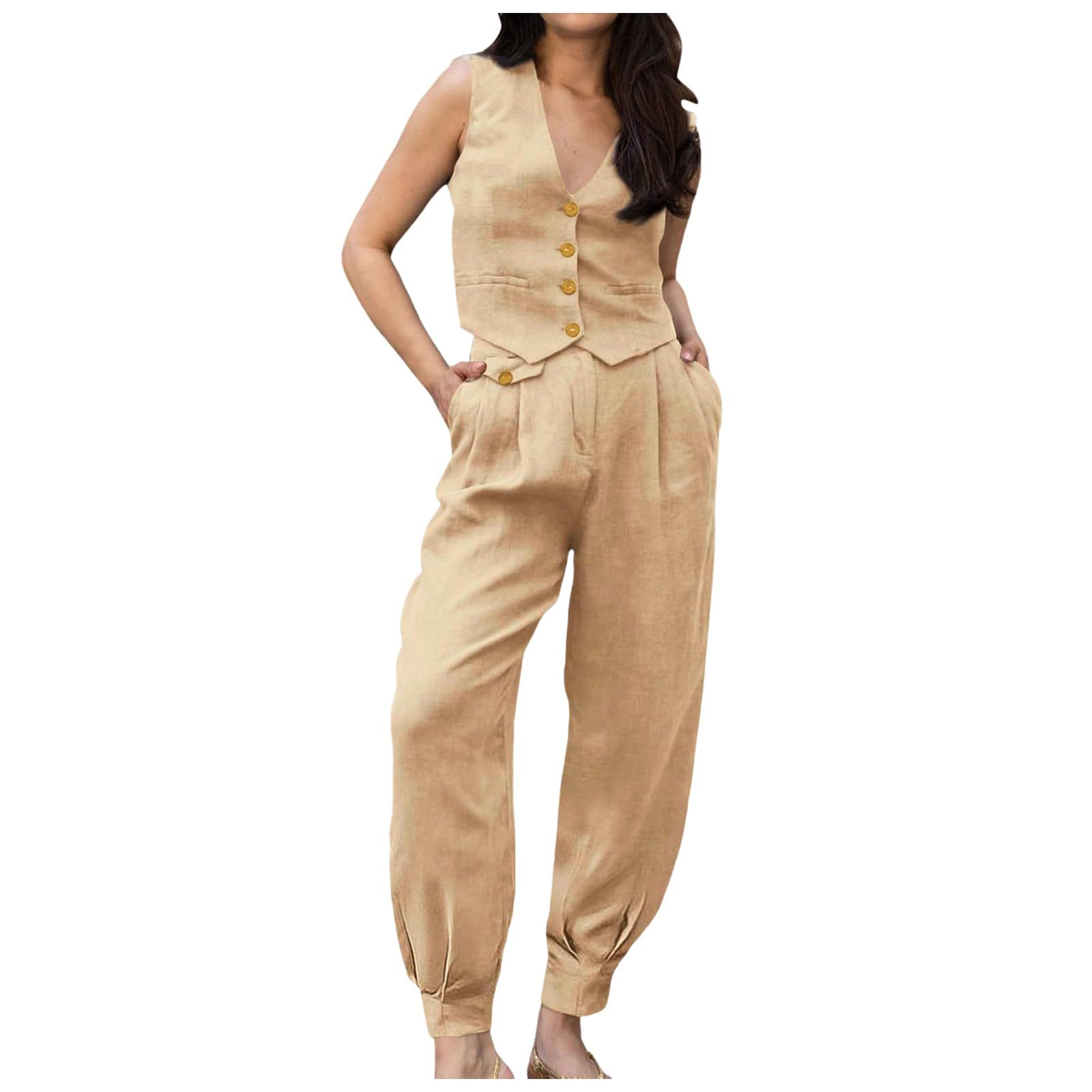 Conjunto De 2 Piezas para Mujer Invierno Casual Conjuntos Descanso Sin Mangas Pantalones Piernas Loungewear Traje Informal Dos con Chaleco y Camisa Algodón Corte Ancho Bolsillos