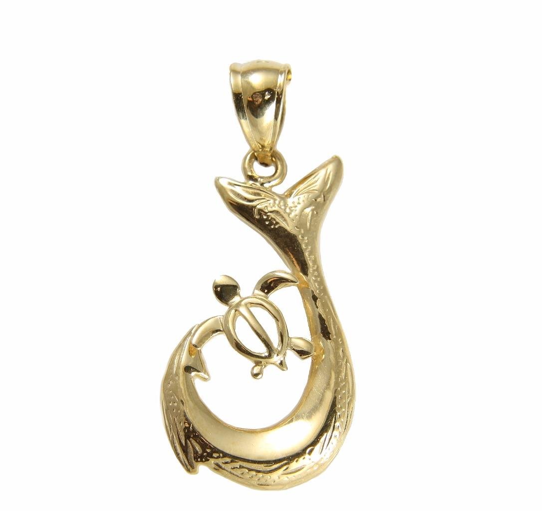 Arthur's Jewelry14K solid yellow gold Hawaiian scroll fish hook honu turtle pendant