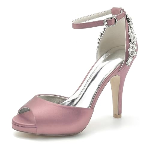 Gycdwjh Women's Rhinestones Heels Satin Wedding Bridal Shoes Peep Toe Fish Mouth Dress Ankle Strap Pumps Sandal - 6 - Flesh Pink
