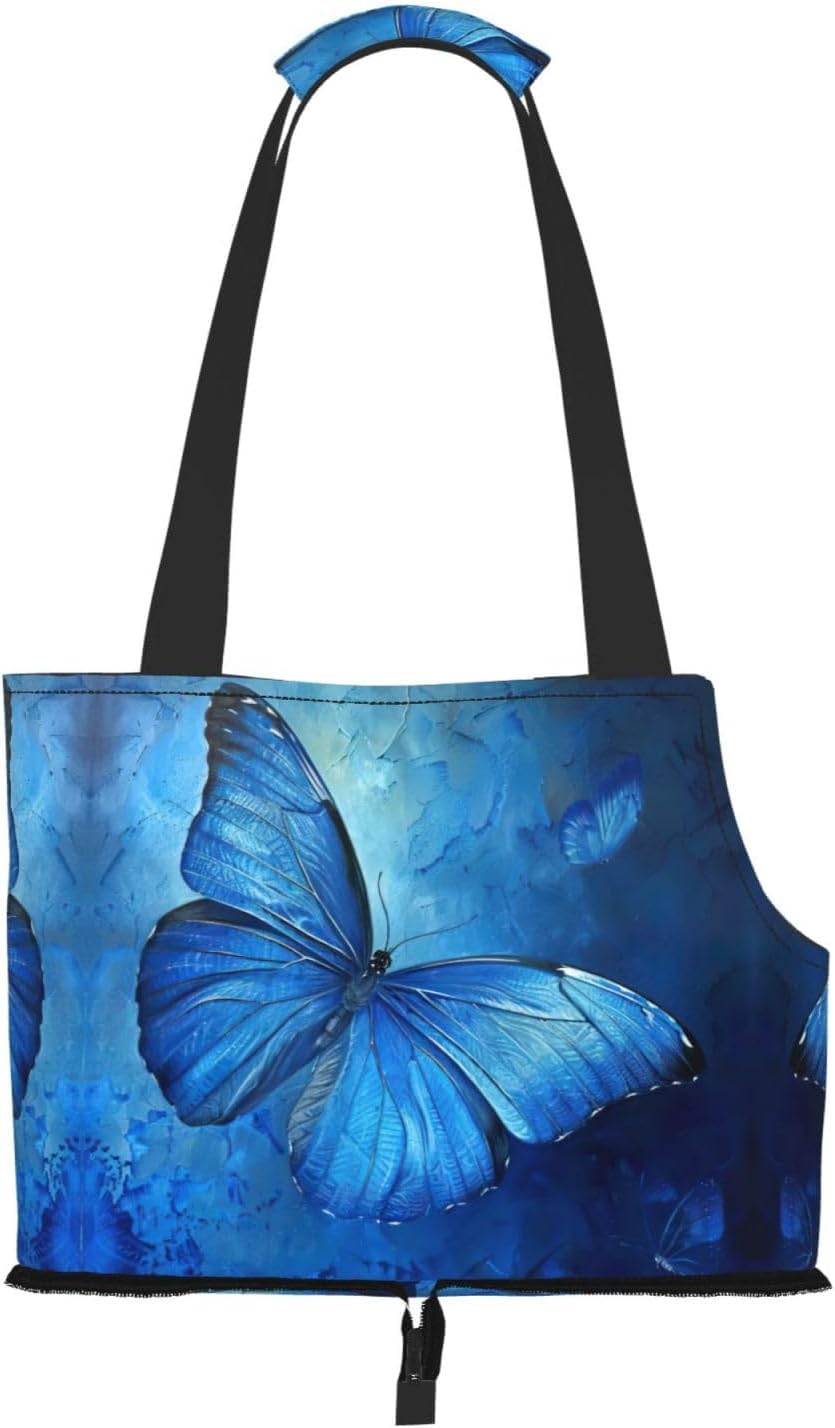 Blue Butterfly Print Portable Foldable Shoulder Bag for Travel,with Collar Hook and Handle Pad,Cute Stylish Design