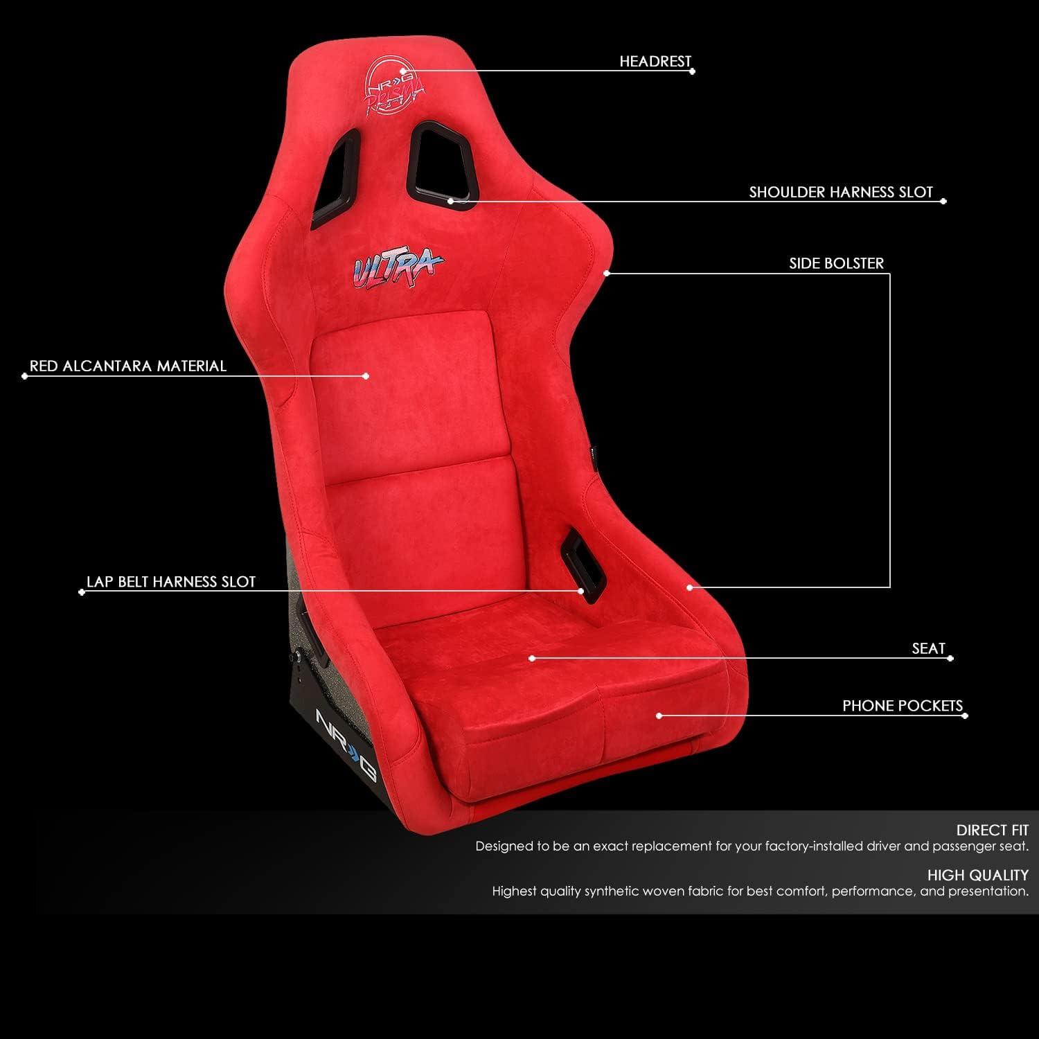 NRG Innovations NRG-FRP-302RD-ULTRA Prisma Fixed Back Bucket Racing Seat W/Bottom Mount, Washed Up Light Red Seat/Gold Sparkle Back