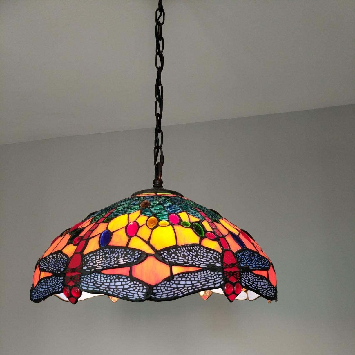 Bieye L30709 Libellule Style Tiffany Suspension en vitrail avec abat-jour de 40,6 cm de large, orange et bleu