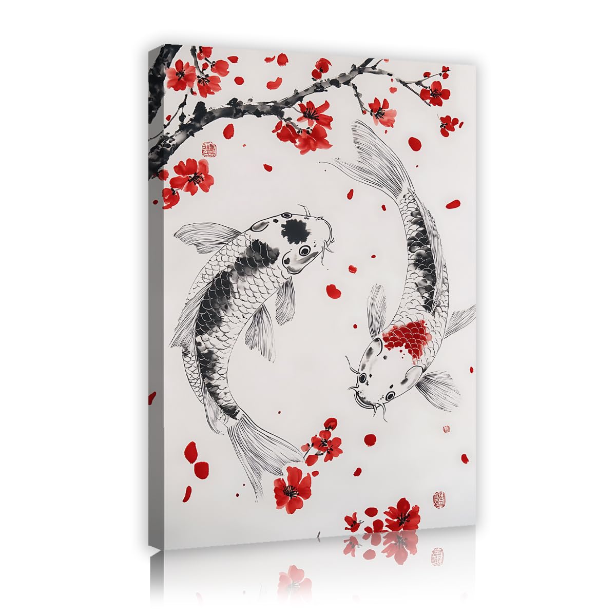 Via Vela Oriental Koi Fish Canvas Wall Art Chinese Ink Painting Red Plum Blossom Carp Artwork Minimalist Decor for Study Office Hallway 70x105cm