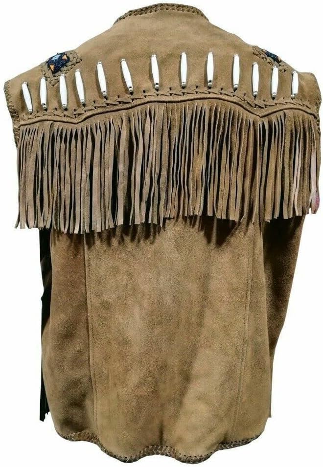 Western Style Suede Leather Vest for Men with Native American-Inspired Design, Fringes, Beads & Braid2