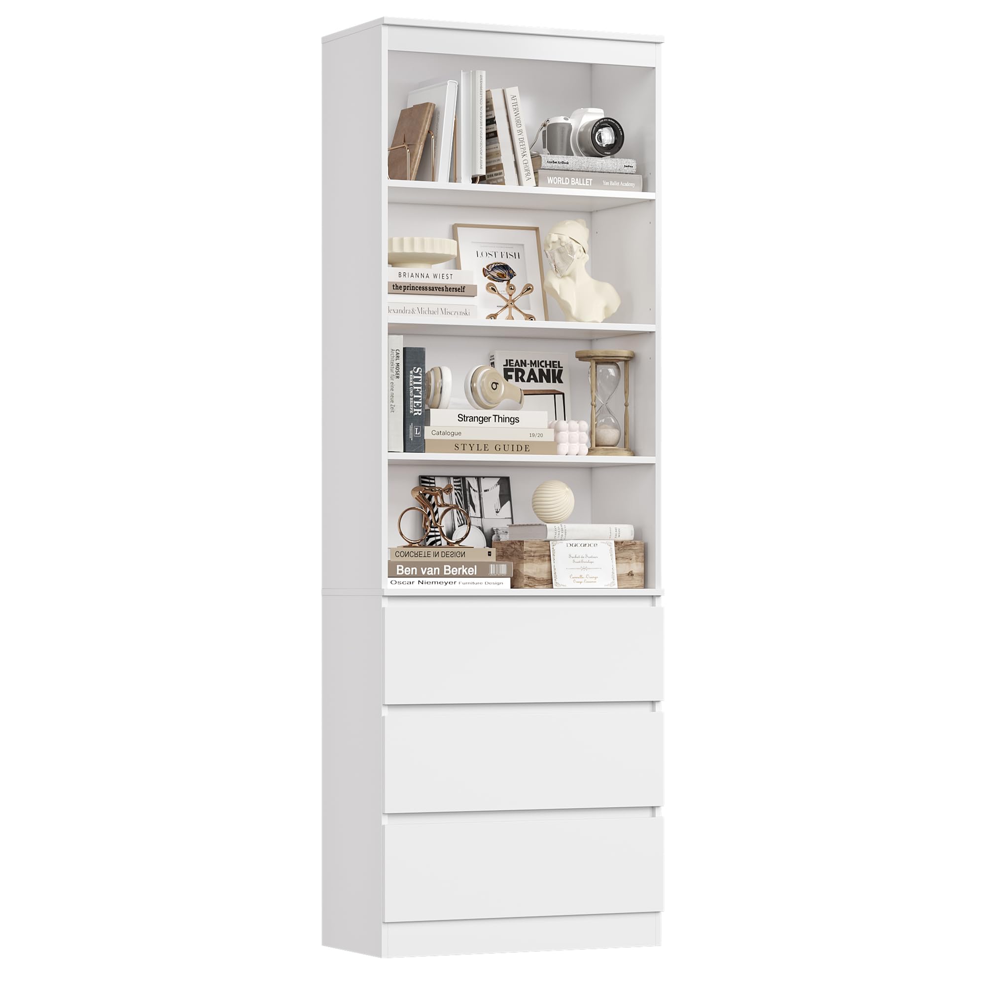 FirFurd 202cm Estantería con 3 Cajones, Estantería Libros, Librería, Estante, Mueble Almacenaje, para Oficina, Salón, Estudio, Comedor, Alta, 4 Compartimentos, Estantes Ajustables, Blanco, 60x35x202cm