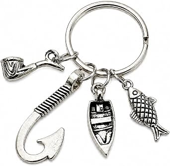 Fishing Keyring   Fish Keychain Bag Charms for Men with Pipe, Fish Hook, Wooden Boat Charms, Fisherman Key Rings Gifts for Outdoor Lovers, Boys, Father and Sons