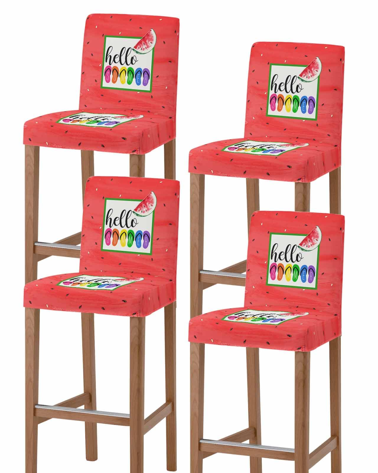 Colorful Striped Slippers Bar Stool Cover Set of 4, Stretch Removable Bar Stool Chair Covers with Backs Pub Counter Stool Chair Slipcover for Dining Room Kitchen Cafe Hello Summer Red Watermelon