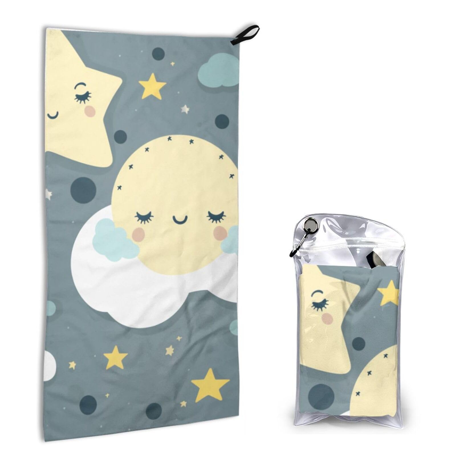 BWWHCCTI Quick Dry Hand Towel With Bag - Moon Cloud Star Printed Super Absorbent Face Cloth Microfiber Travel Sports Towels 40x80cm