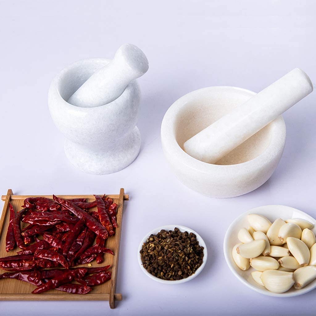 Juego de mortero y maja, molinillo de piedra sólida de mármol, triturador de hierbas y especias, triturador de pastillas, triturador de ajo para el hogar, bote medicinal