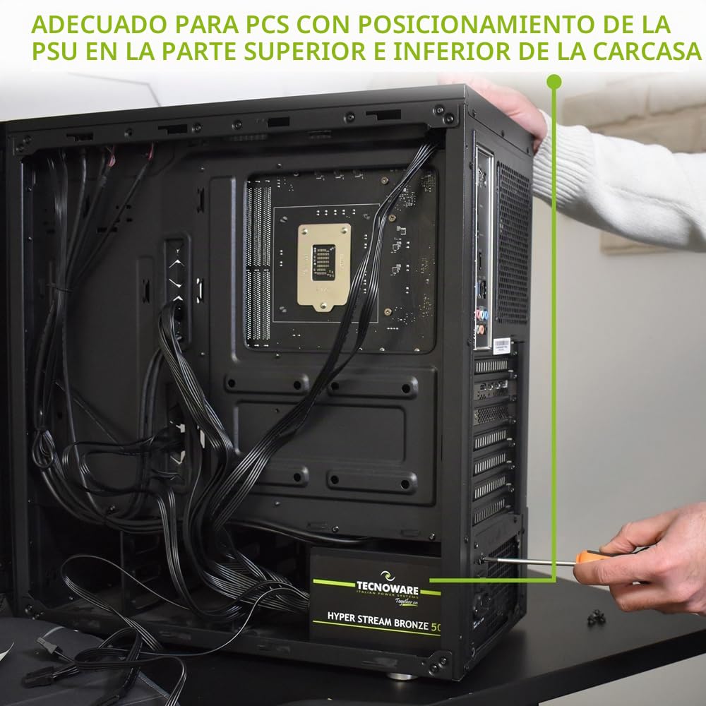 Tecnoware Fuente de Alimentación ATX Hyper Stream Bronze 500W para PC avanzados equipados con NVIDIA GeForce GTX - RTX, Ventilador Silencioso, Conectores PCI-E, CPU 4+4, SATA, Molex