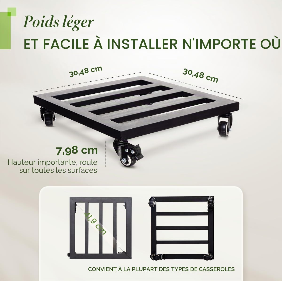IDZO Upgrade Wheels – Panier à plantes carré en métal robuste d'une capacité de 174,6 kg, 30,5 cm, noir
