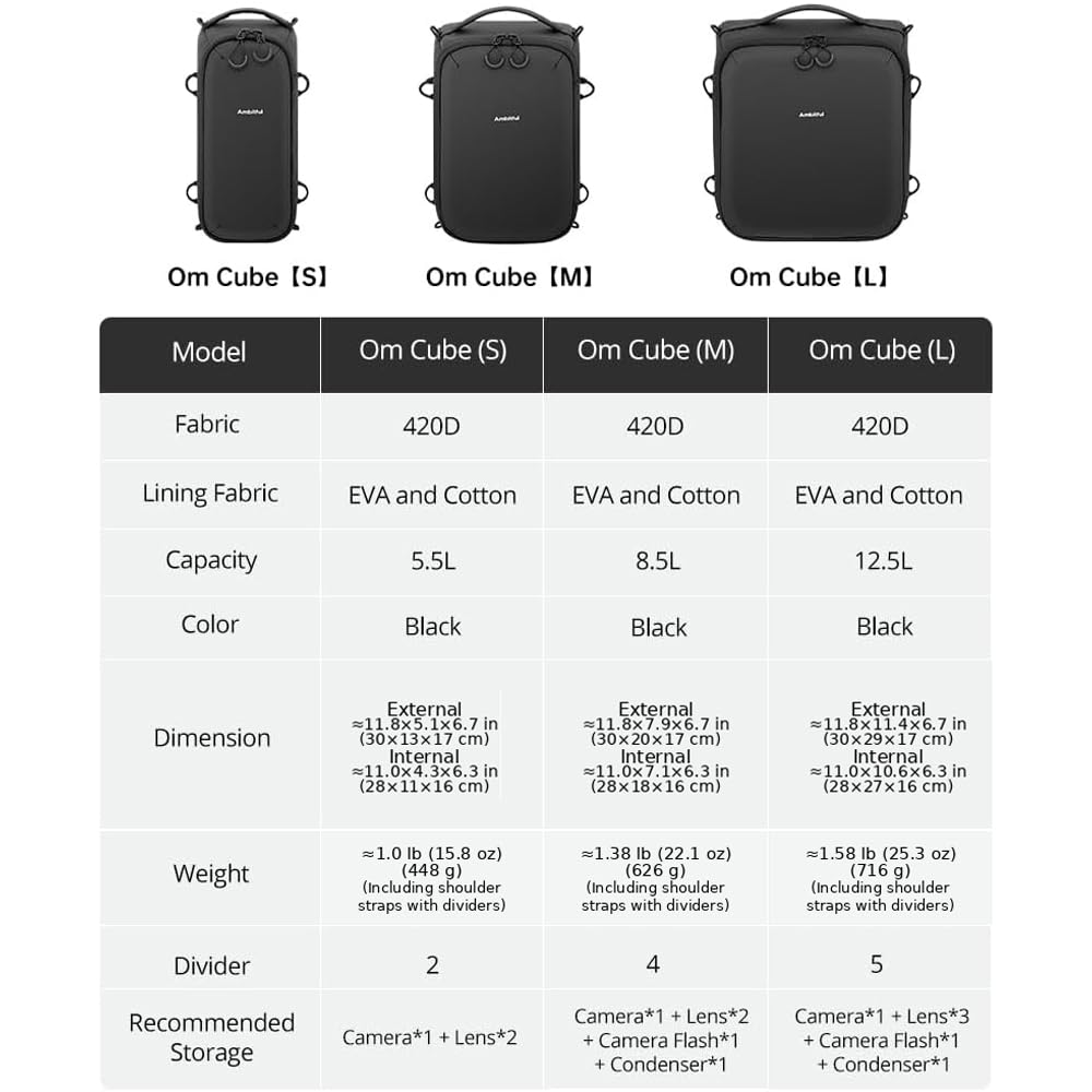 AMBITFUL Custodia impermeabile per fotocamera, con divisori fai da te, tracolla rimovibile, borsa imbottita per fotocamera DSLR SLR Mirrorless, compatibile con Canon, Nikon, Sony, nero (Om Cube-S)