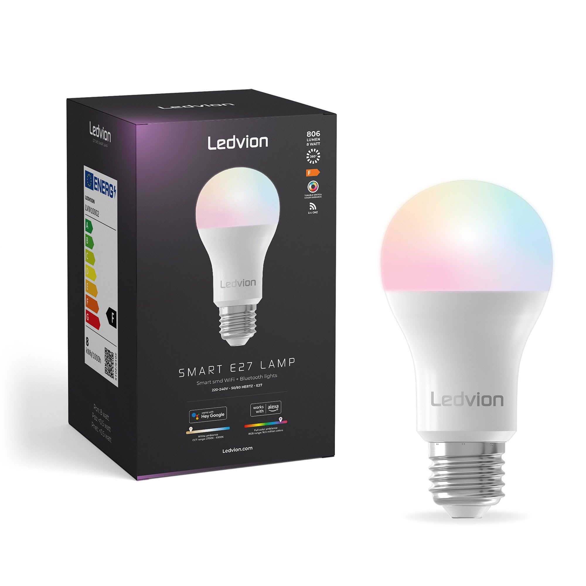 Ledvion - 6X Lámparas LED E27 SMART RGB+CCT, 8W, 806 Lúmenes, Iluminación Wi-Fi, Regulable, Alexa y Google Home