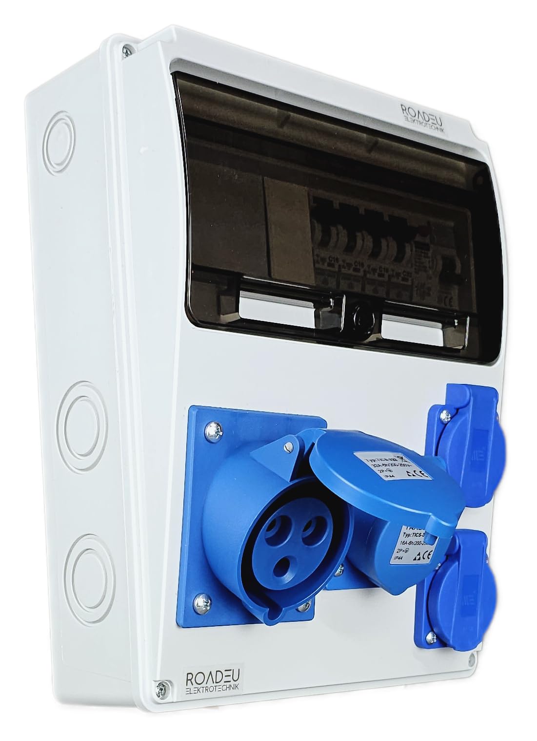 RoadEu | Cuadro Eléctrico Monofásico IP44 | Caja de Distribución Precableada con Interruptor Diferencial FI & Magnetotérmicos | 1x Toma CEE 32A, 1x CEE 16A & 2x Tomas 230V