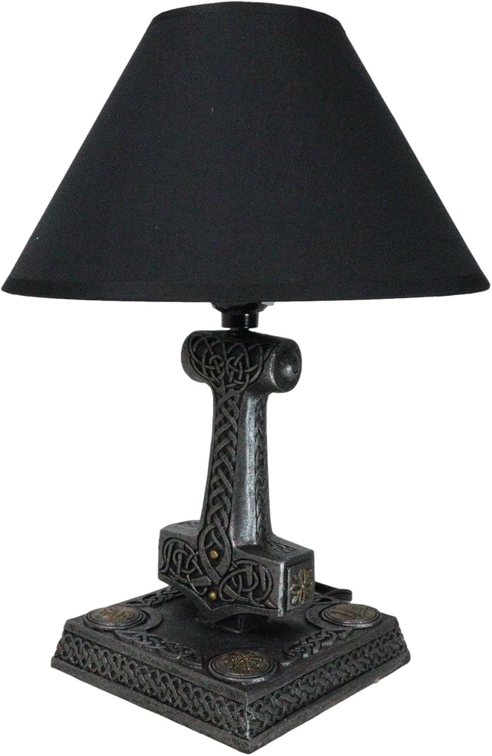 Ebros Norse Mythology God of Thunder Thor Odinson Hammer Mjolnir Sculptural Desktop Table Lamp with Fabric Shade and Asgardian Scroll Knotwork Carving Battle of Ragnarok