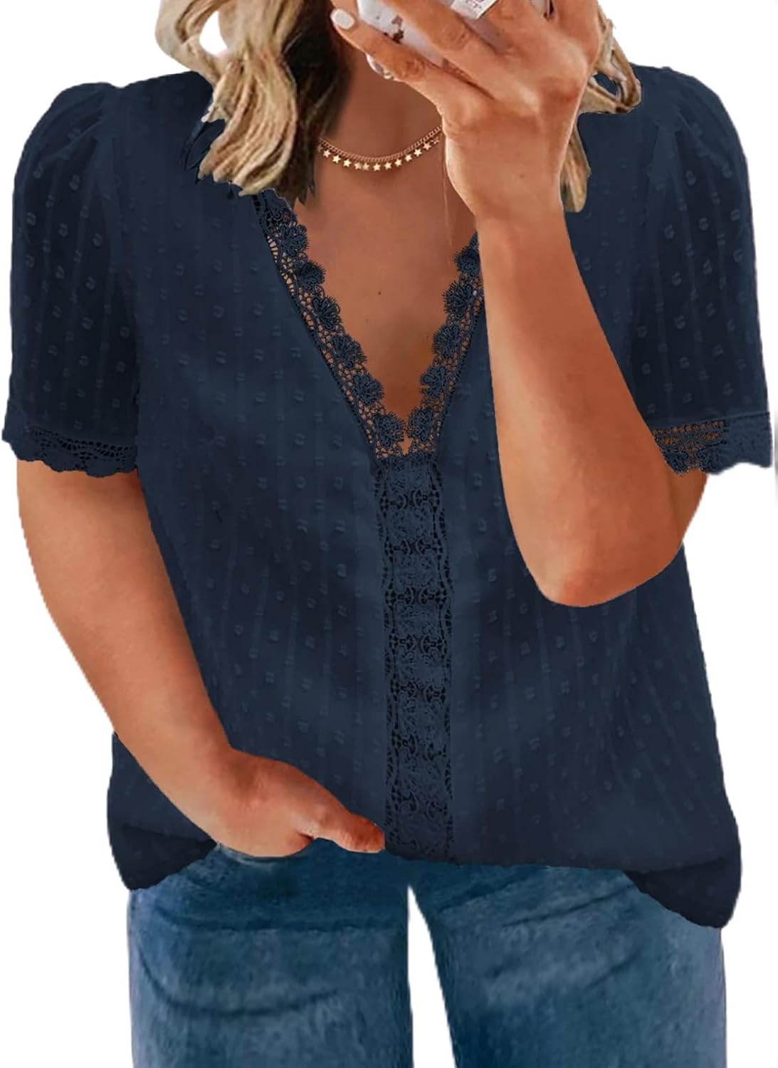 Eytino Womens Plus Size Tops Casual Summer Short Sleeve V Neck Lace Crochet Chiffon Blouses Shirts(1X-5X) - Image 2