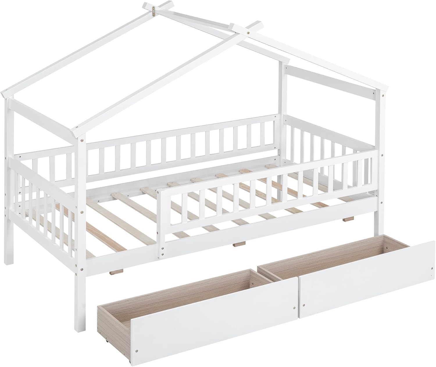 Bellemave House Bed with Fence Storage, Twin Size Montessori Style Beds with Railings and 2 Drawers, Wooden Playhouse Bed Frame for Kids Girls Boys, White