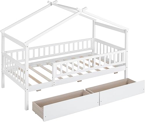 Miniatura 6 de Cama de casa con almacenamiento para vallas, camas de estilo Montessori de tamaño individual con barandillas y 2 cajones, marco de cama de madera