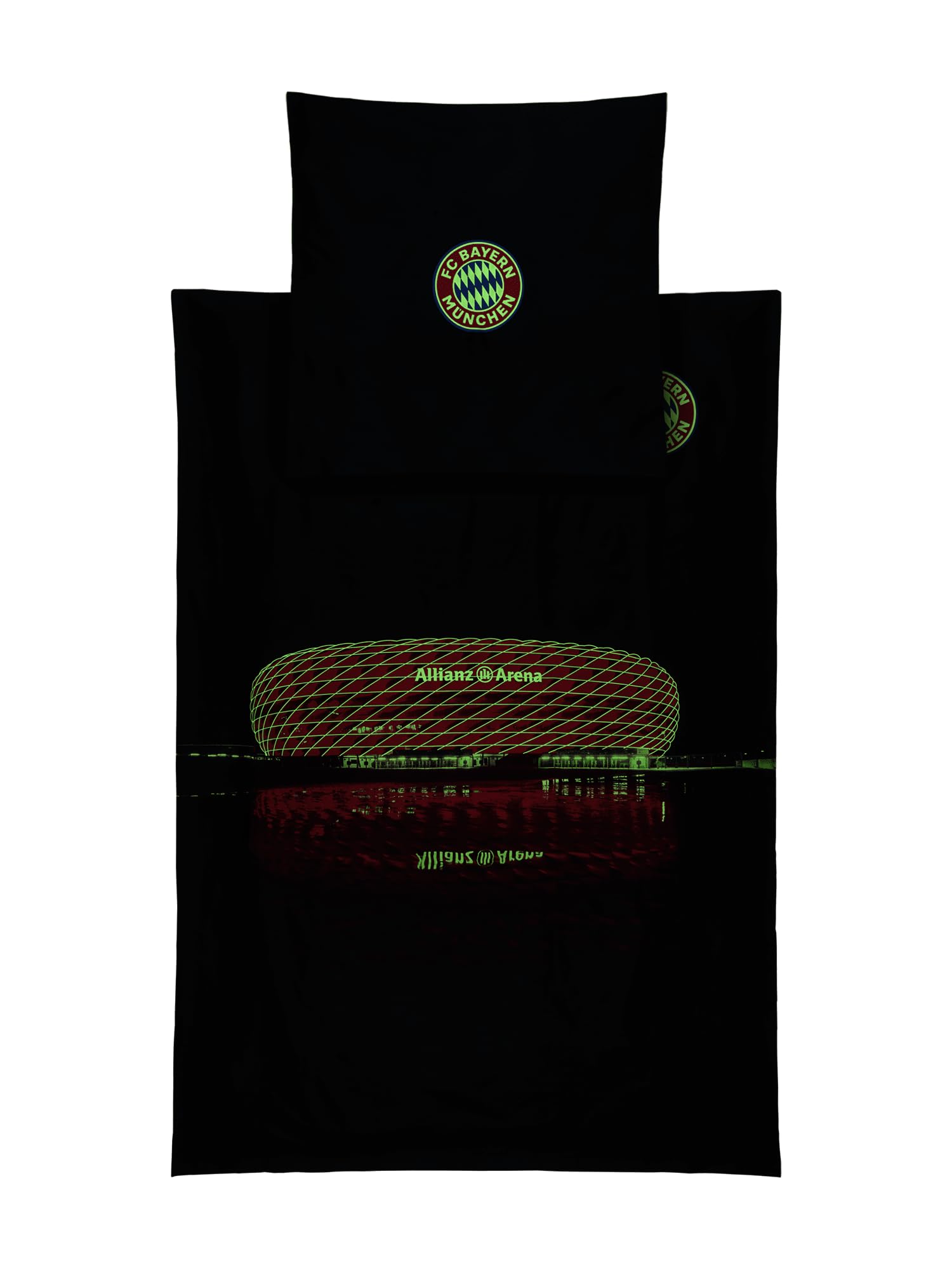 FC Bayern München Bettwäsche I Glow in the Dark Arena (Schwarz) I Leuchtende Baumwoll-Bettwäsche mit Kissenbezug 80 x 80 cm I Offiziell lizenziert