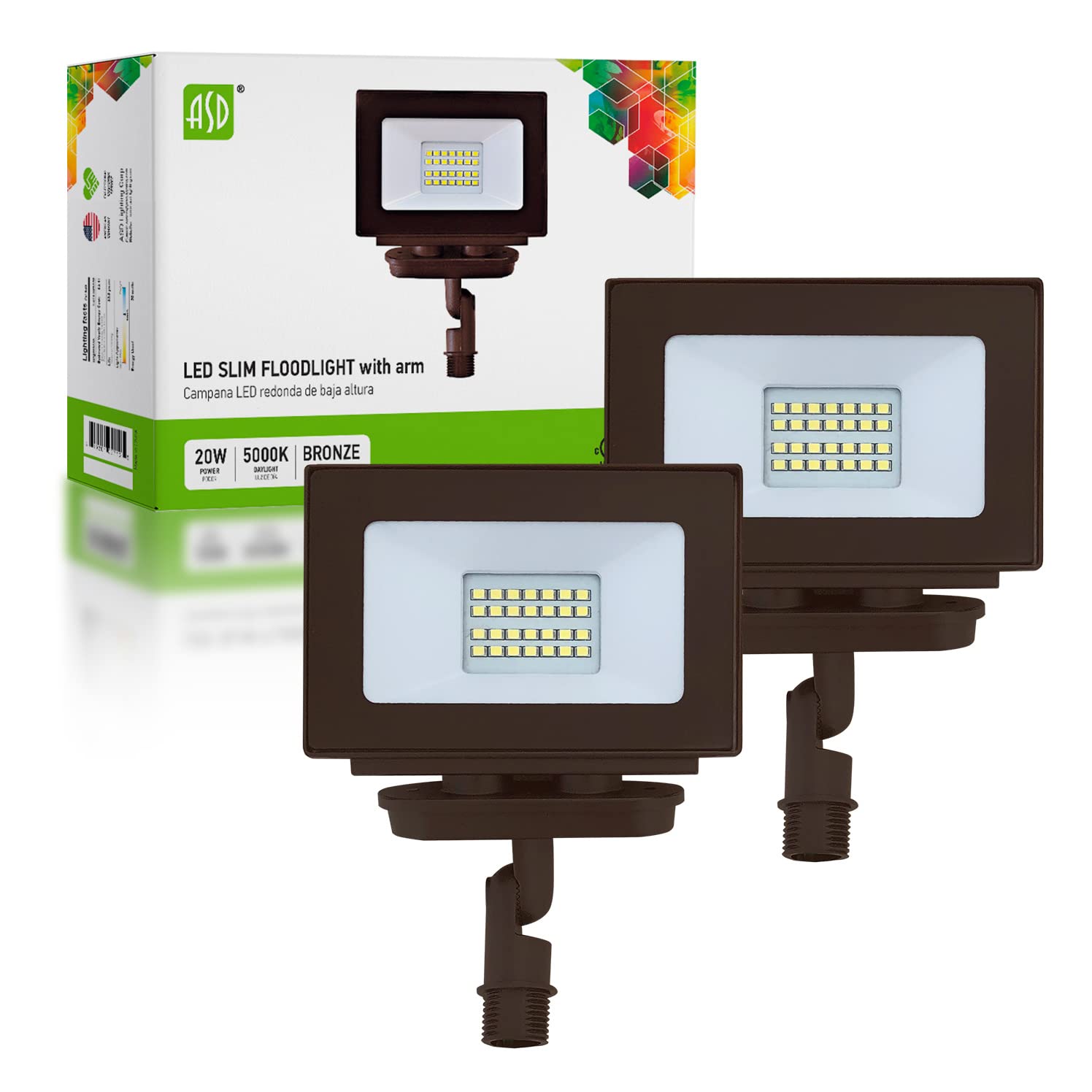 ASD 20W LED Flood Light Outdoor, 120V 2040 Lm 5000K Daylight, Knuckle Mount LED Security Lights, Waterproof Floodlights for House, Yard, Garage, Garden, UL Listed, 2 Pack, Bronze Finish