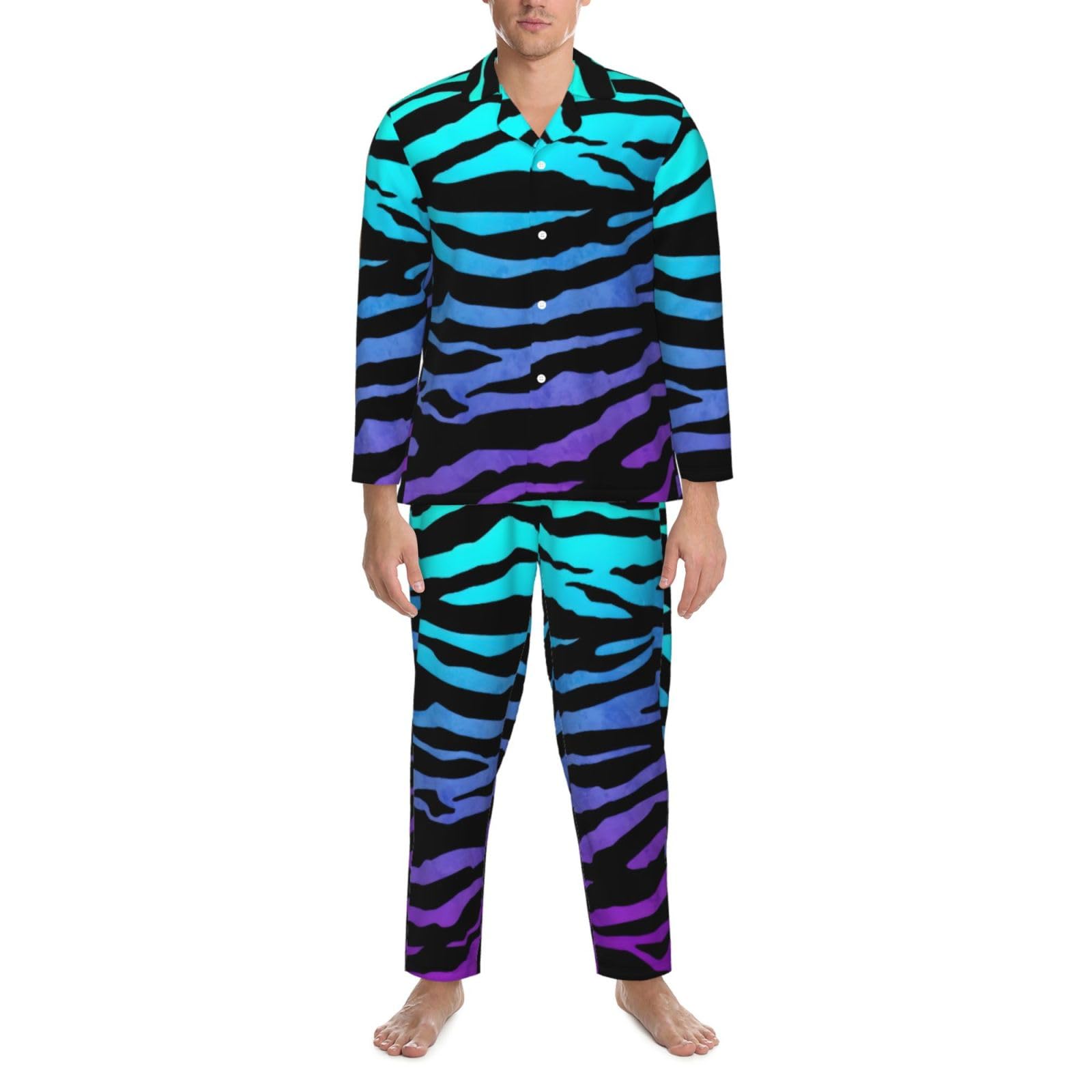 Viola Blu Verde Camouflage Zebra Stripes Stampa Uomo Manica Lunga Pigiama Set Pigiameria Due Pezzi Casa Viaggio Outfit Lounge Pantaloni
