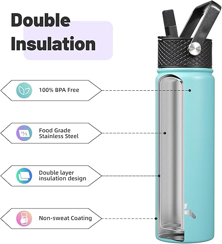 Miniatura 4 de Botella de agua aislada con popote, 22 onzas, 3 tapas, botellas de metal, botella de agua de acero inoxidable, turquesa