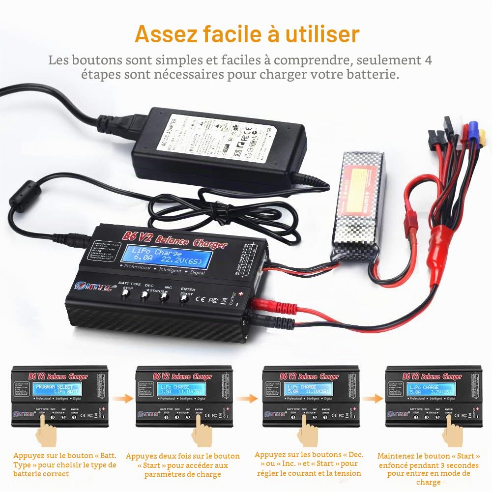 Haisito LiPo Chargeur Batterie Balance, Chargeur Numérique 1S-6S 80W 6A pour Batterie Li-ION NiCd NiMH LiHV PB Batterie Intelligente, Connecteurs Deans + Alimentation