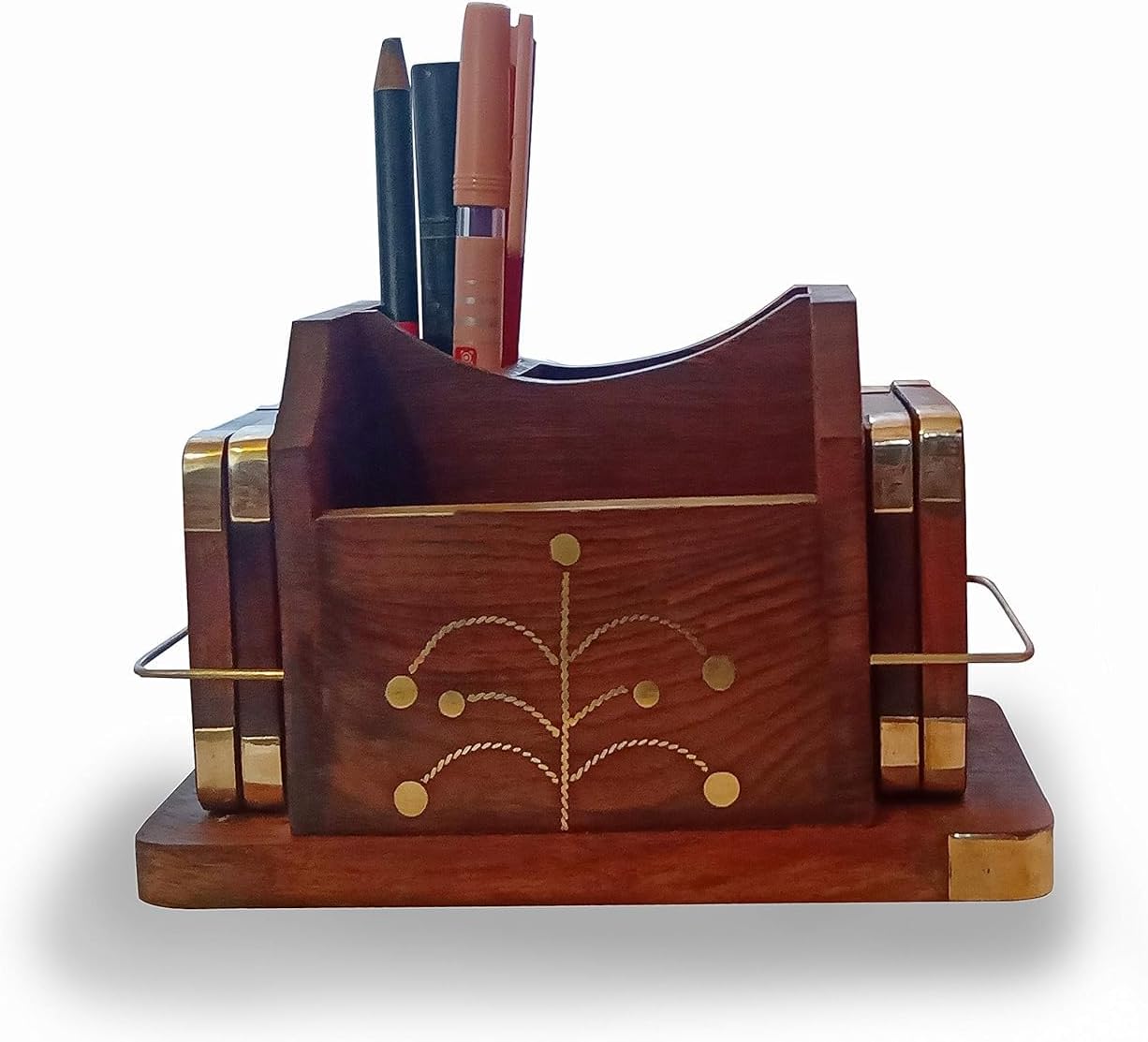 Handcrafted Sheesham Wood Pen Stand with Brass Inlay & 6 Coasters | Desk Organizer for Office & Home | Vintage Wooden Holder for Pens, Pencils, Stationery & Drinks