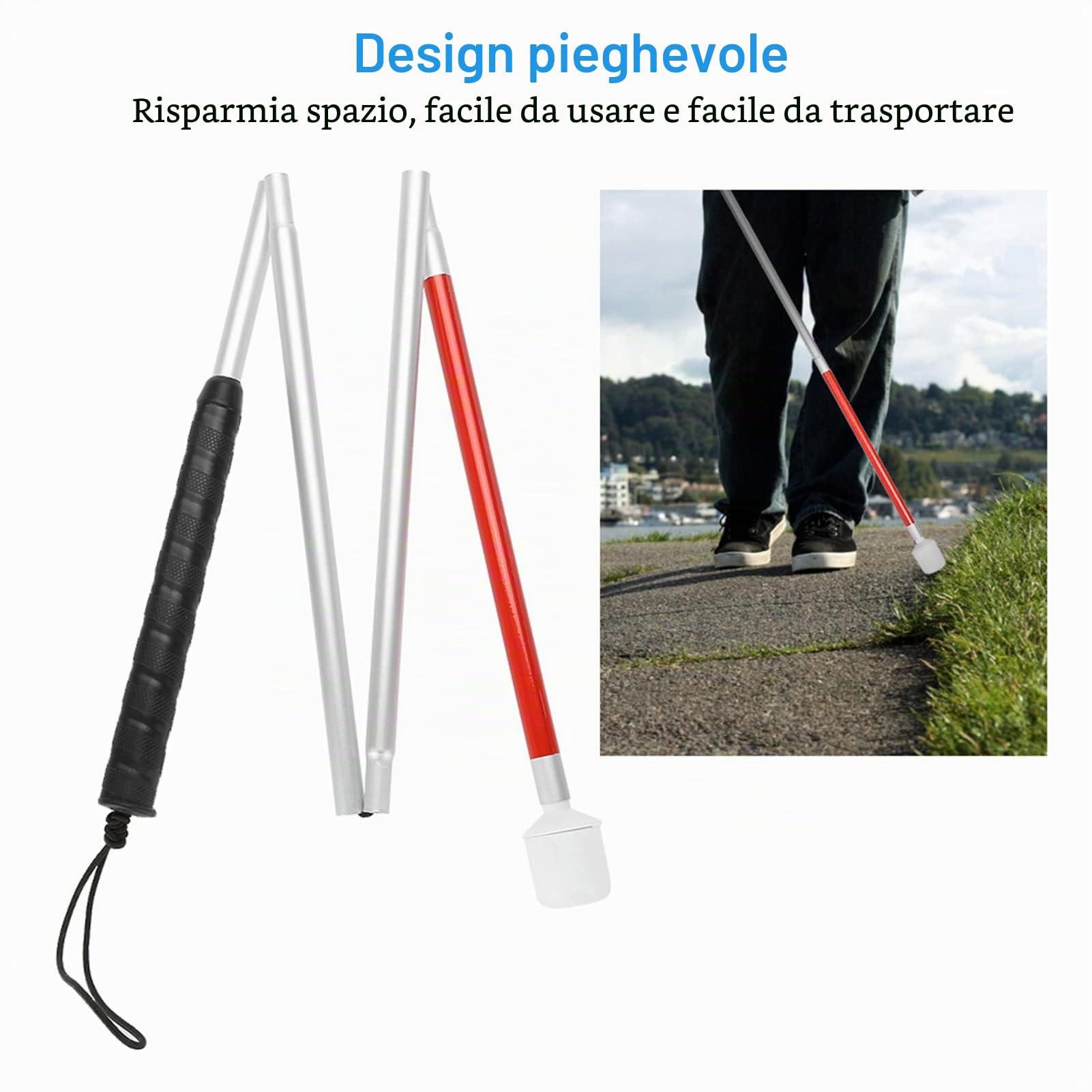 Stampella pieghevole da 110 cm, stampella pieghevole pieghevole riflettente per bastone da passeggio con guida antiurto portatile, bastone da passeggio per non vedenti