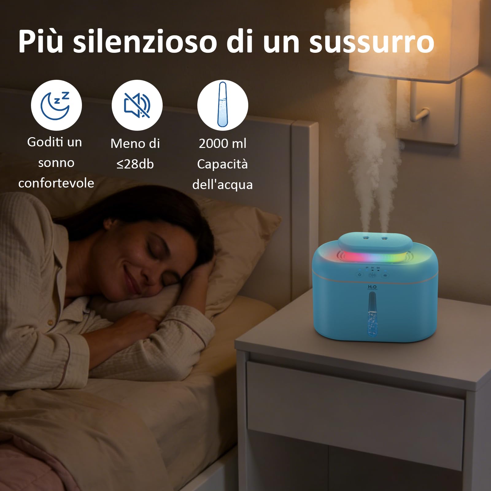 LKV Umidificatore, 2L Umidificatore Ambiente Bambini con Ugello a due vie con Timer Funzione di Autospegnimento e Luce Notturna Silenzioso, Humidifier casa per Bambini Piante e uso Domestico, Blu