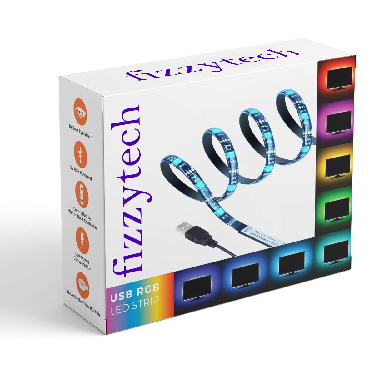 - fizzytech USB 5V 5050 RGB LED Strip Light 1M – Multi-Color TV Background Bias Lighting with Mini Controller for TV, PC & Laptop (Up to 28″)(1 Meter Strip)