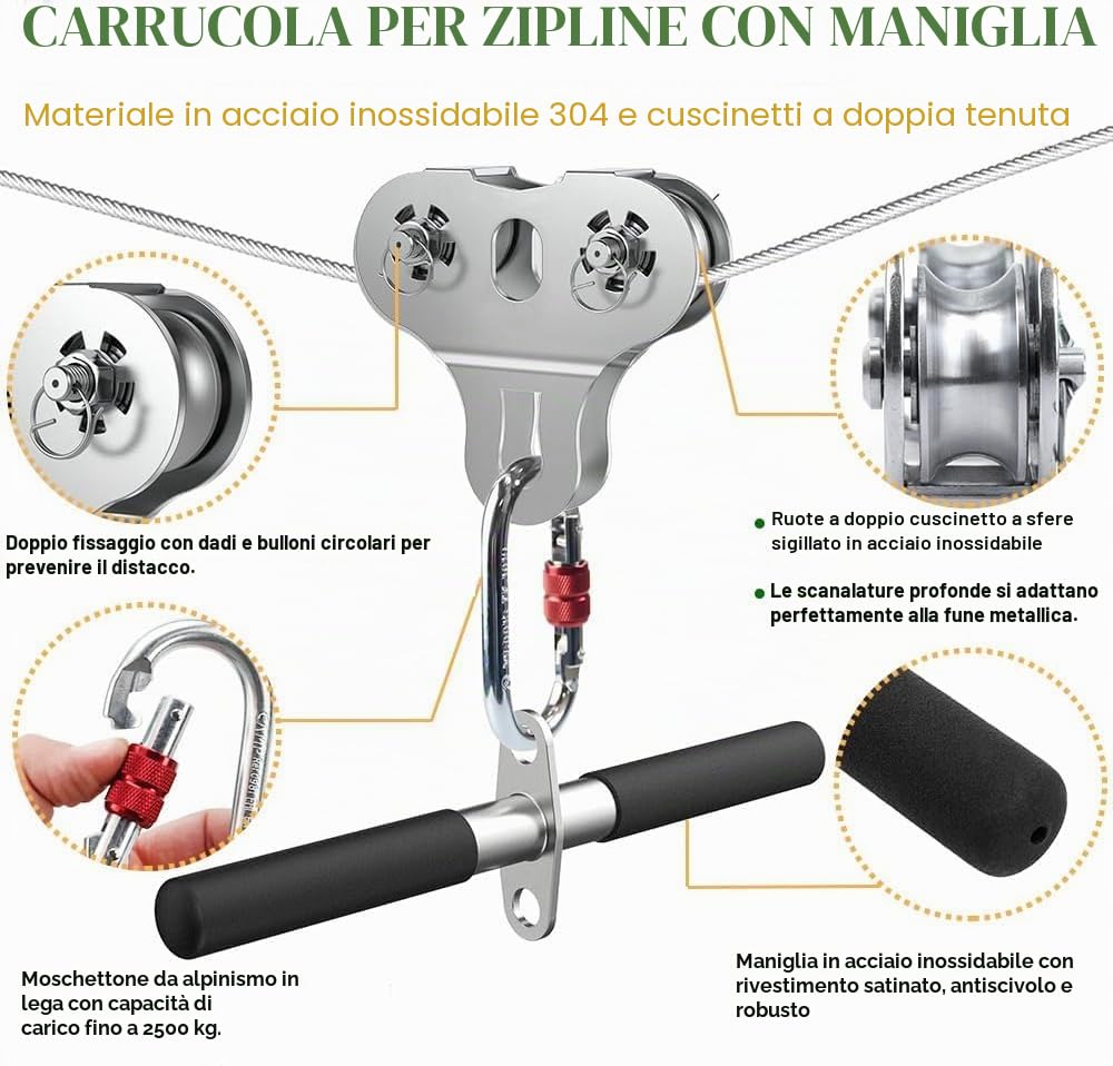 Linee zip per bambini e adulti all'aperto, kit zip line da 24,4 m per cortile fino a 226,8 kg, freno Ziplines incluso e puleggia con manico, attrezzature per parchi giochi all'aperto