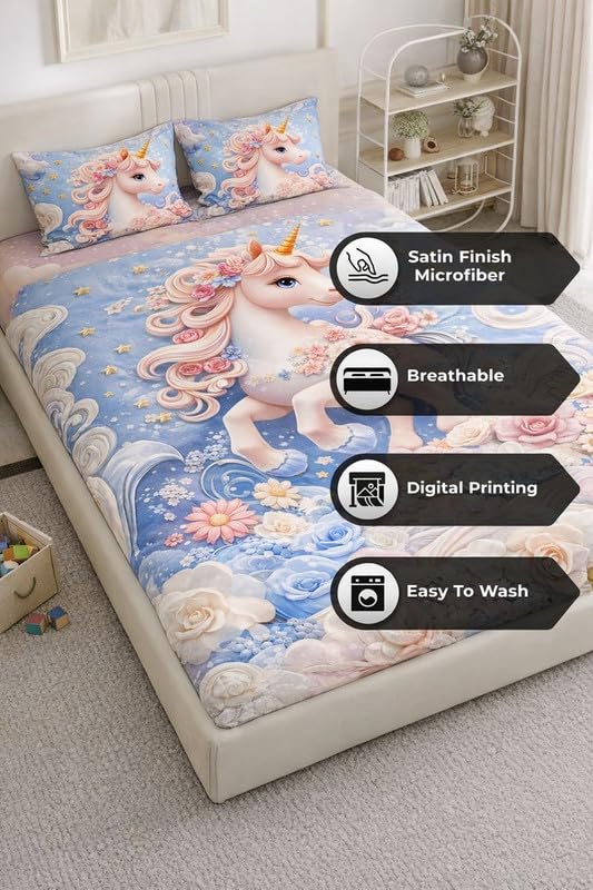 Image of Akshya 7D Bedsheet for Double Bed Falt Bedsheet with 2 Pillow Covers, 300TC, Premium Glace Cotton, Pink Unicorn Cartoon Print, 254 cm x 228 cm
