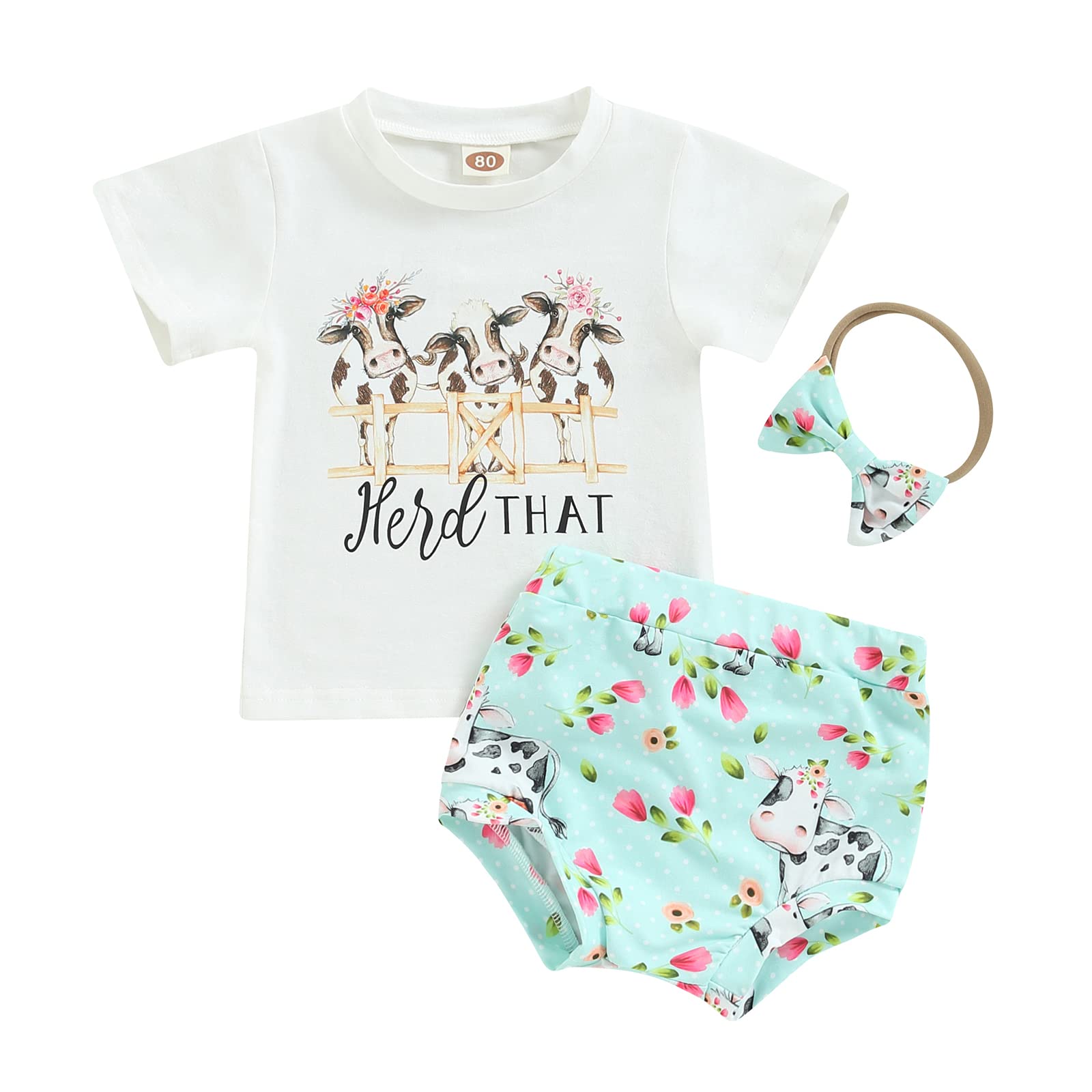 Western Baby Girl Clothes Boho Cow Print Short Sleeve T Shirt Top + Bloomer Shorts Set Infant Summer Outfits (B-White, 3-6 Months)