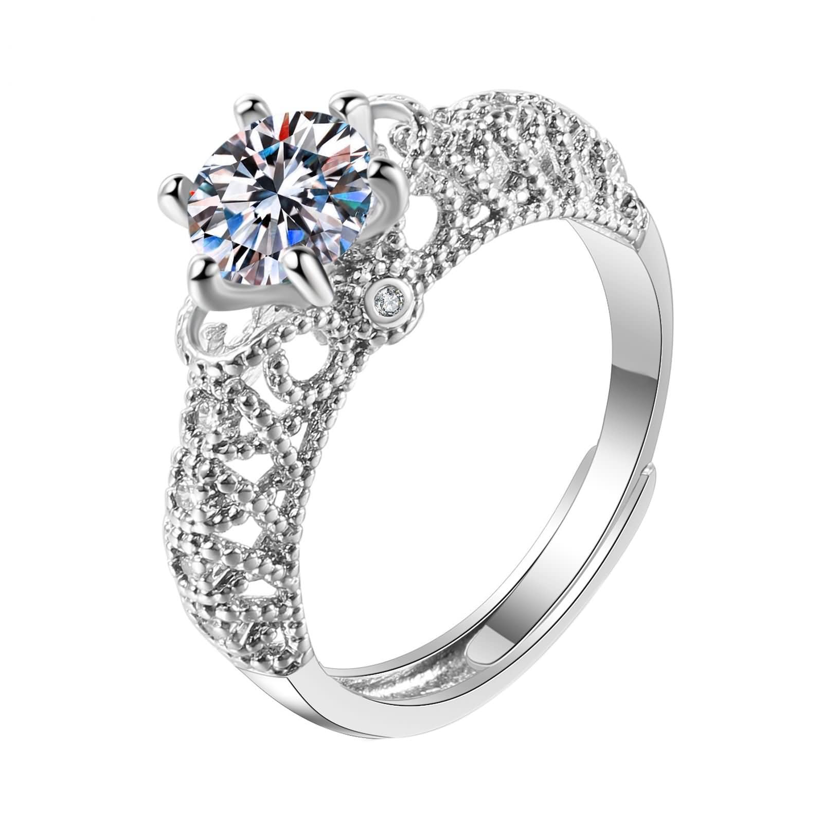 Anillo de Compromiso Oro Blanco 9K / 14K / 18K Mujer, Hueco e 6 Garras Redondo con Moissanita, Anillo Alianza Mujer Plata