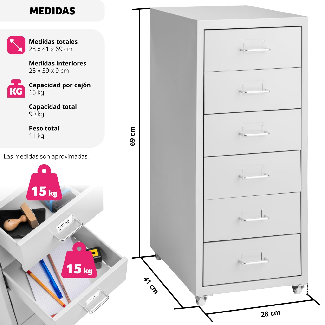 tectake® Cajonera 41x28x69 cm con Ruedas de Metal, 6 Cajones para Almacenamiento, Oficina y Despacho, Cajonera Escritorio, Cajoneras, Armario Interior, Armario Bajo - Gris Blanco
