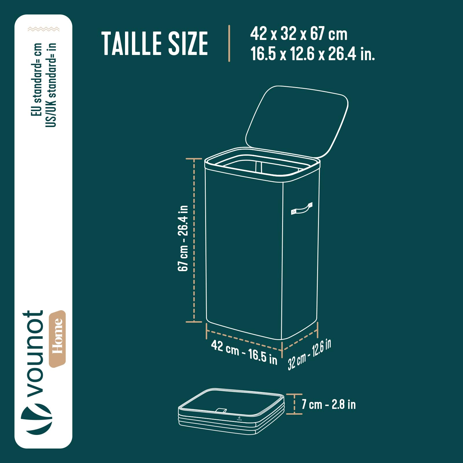 VOUNOT® Cesto Portabiancheria 90L Rettangolare con Coperchio, Cesto Biancheria con Sacco Rimovibile Autoportante e Manici, Salvaspazio per Bagno, Camera da Letto Lavanderia e Soggiorno, Beige - 3
