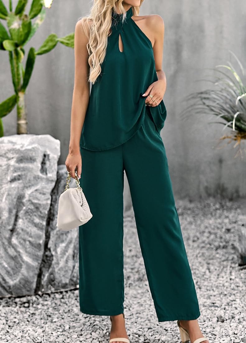 Co ORD Zestawy Damskie Spodnie I Top, Czarny Halterneck Paski Bez Pleców Seksowna Kamizelka Bez Rękawów Koszulka Casual Spodnie Z Szerokimi Nogami Moda Salon Wyjście Zestawy Odzieży