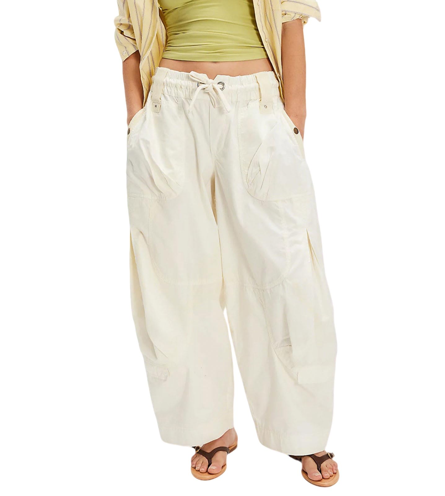 loveimgs Women Boyfriend Cargo Pants Mid Rise Wide Leg Barrel Pants Elastic Waist Harem Trousers Pockets Ankle Sweatpants