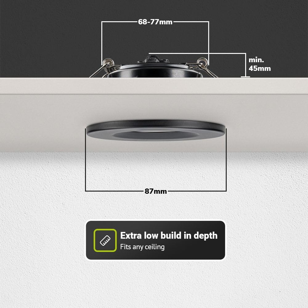 HOFTRONIC 10er Venezia - LED Einbaustrahler Flach 68mm Schwarz - IP65 Wasserdicht, Spots Badezimmer, Küche und Wohnzimmer - 2700K Extra Warmweiß - Einbautiefe 45mm