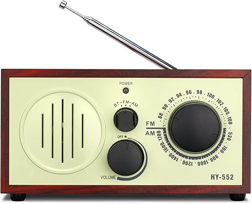 Radio FMAM pequeña con altavoz Bluetooth, gabinete de madera vintage AM FM radio analógica de mesa, altavoz y conector para auriculares