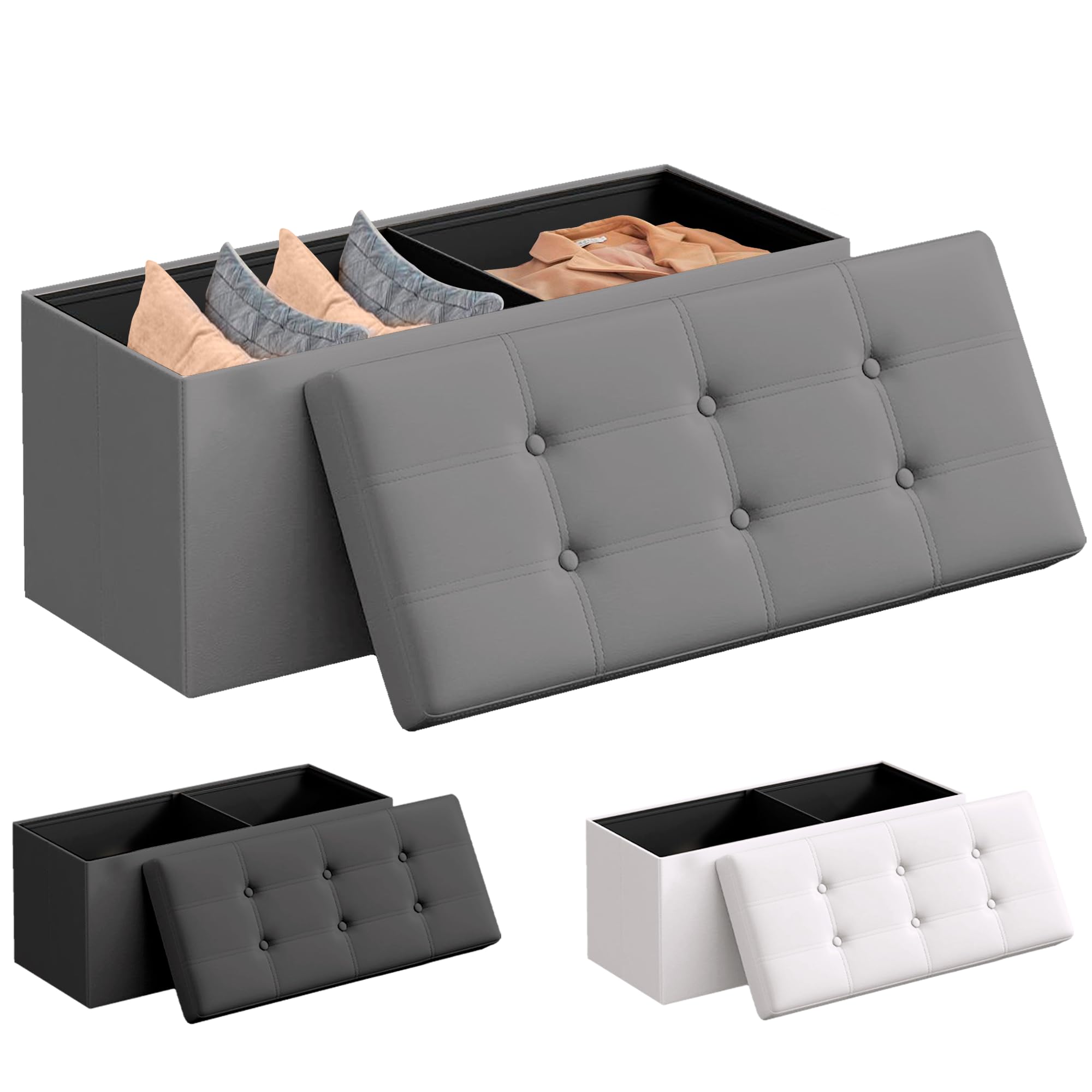 JUPPLIES Puff Almancenaje Acolchado de 80L - Baul Almacenaje Dormitorio - Banco de Almacenaje con Capacidad de Carga 300 kg - Tapizado PVC - Mueble Almacenaje Juguetes Infantil (Gris, 76x38x38cm)