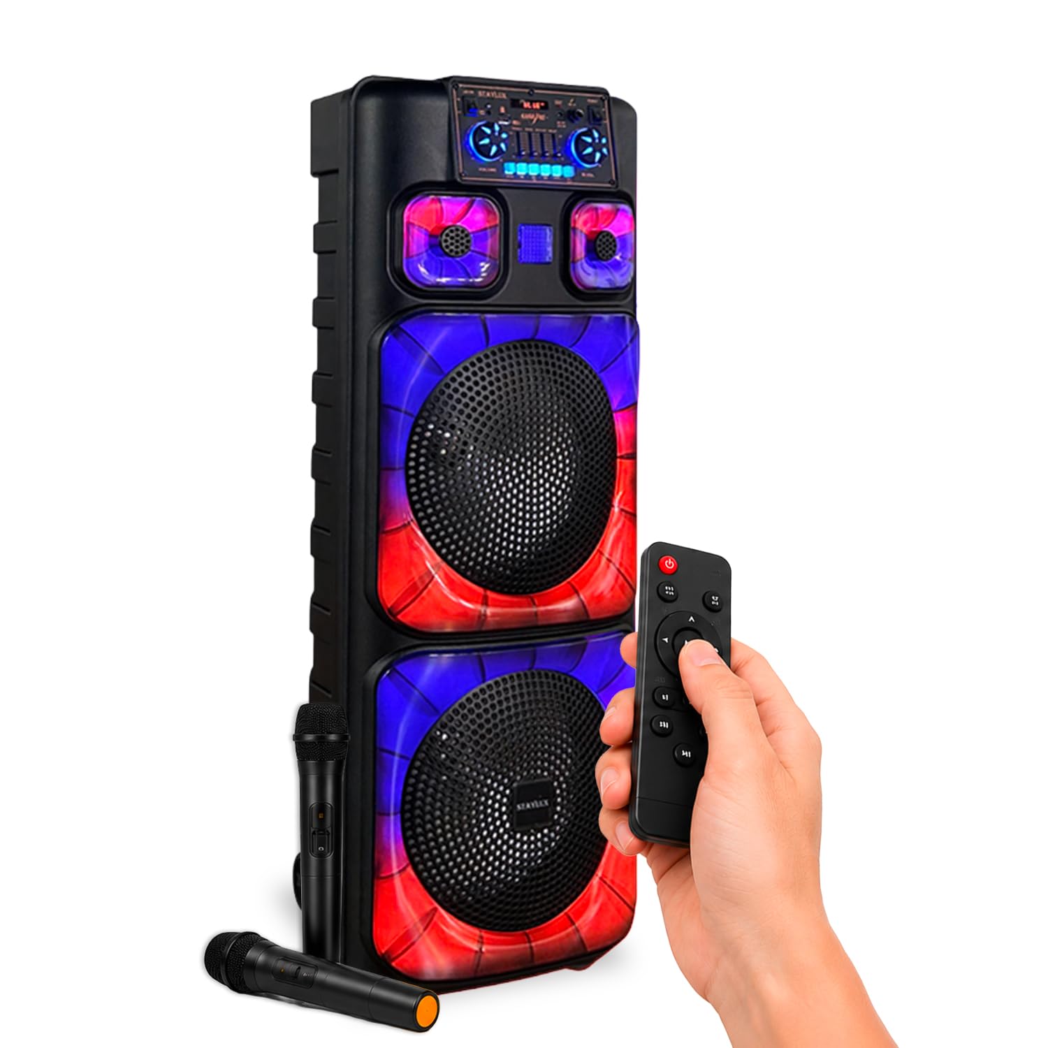 Avilia – Boîtier Bluetooth 800 W avec microphones sans fil, lumières LED RVB et télécommande | Haut-parleur portable puissant pour karaoké et fête, batterie rechargeable jusqu'à 8 heures d'autonomie