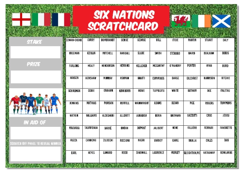 A3 Six Nations guess the name of the Rugby Player Fundraising Scratchcard Match and Win card