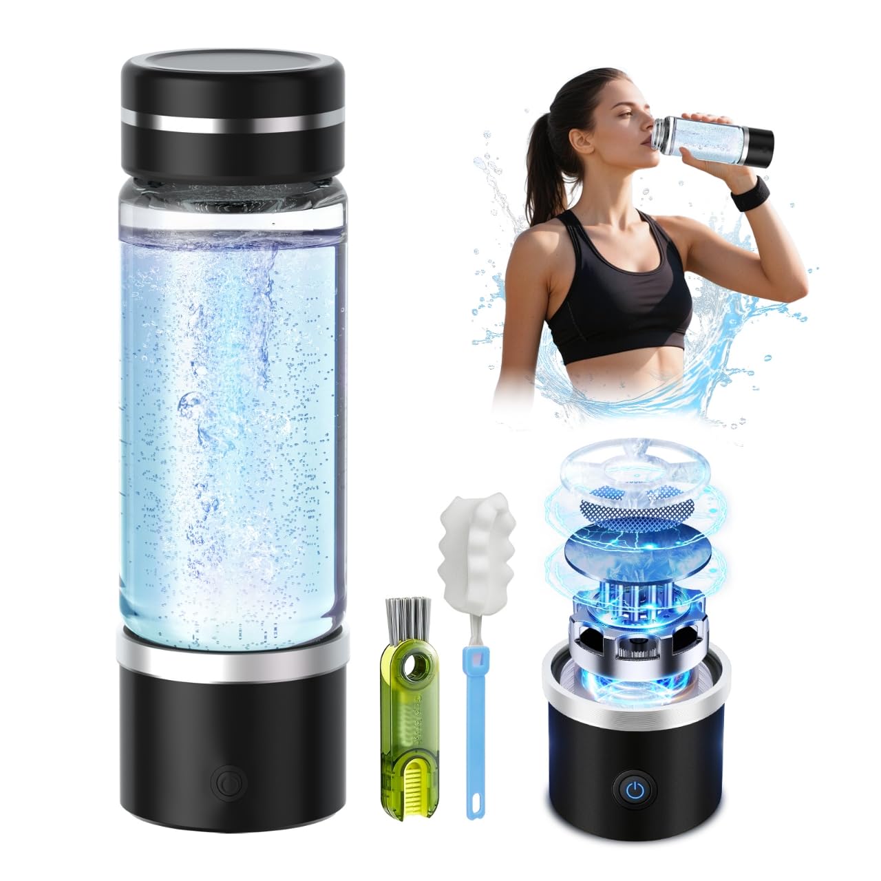 Bouteille D'eau Hydrogène LOZITX 420 Ml - Technologie PEM, Concentration H2 Jusqu'à 6,85 PPM, électrolyse, Noir